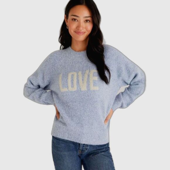 Z Supply Lizzy Love Light Blue Marled Fuzzy Long Sleeve Crew Neck Knit Sweater - Picture 1 of 11